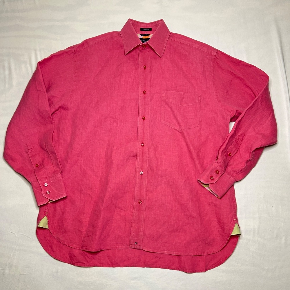 Tommy Hilfiger Shirt Mens M Pink 100% Linen Striped Contrast Flip Cuff Luxury